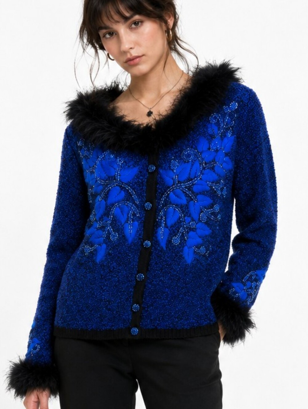 Vintage Berek Wearable Art Faux Fur Trim Embroidered Blue Cardigan Sweater L